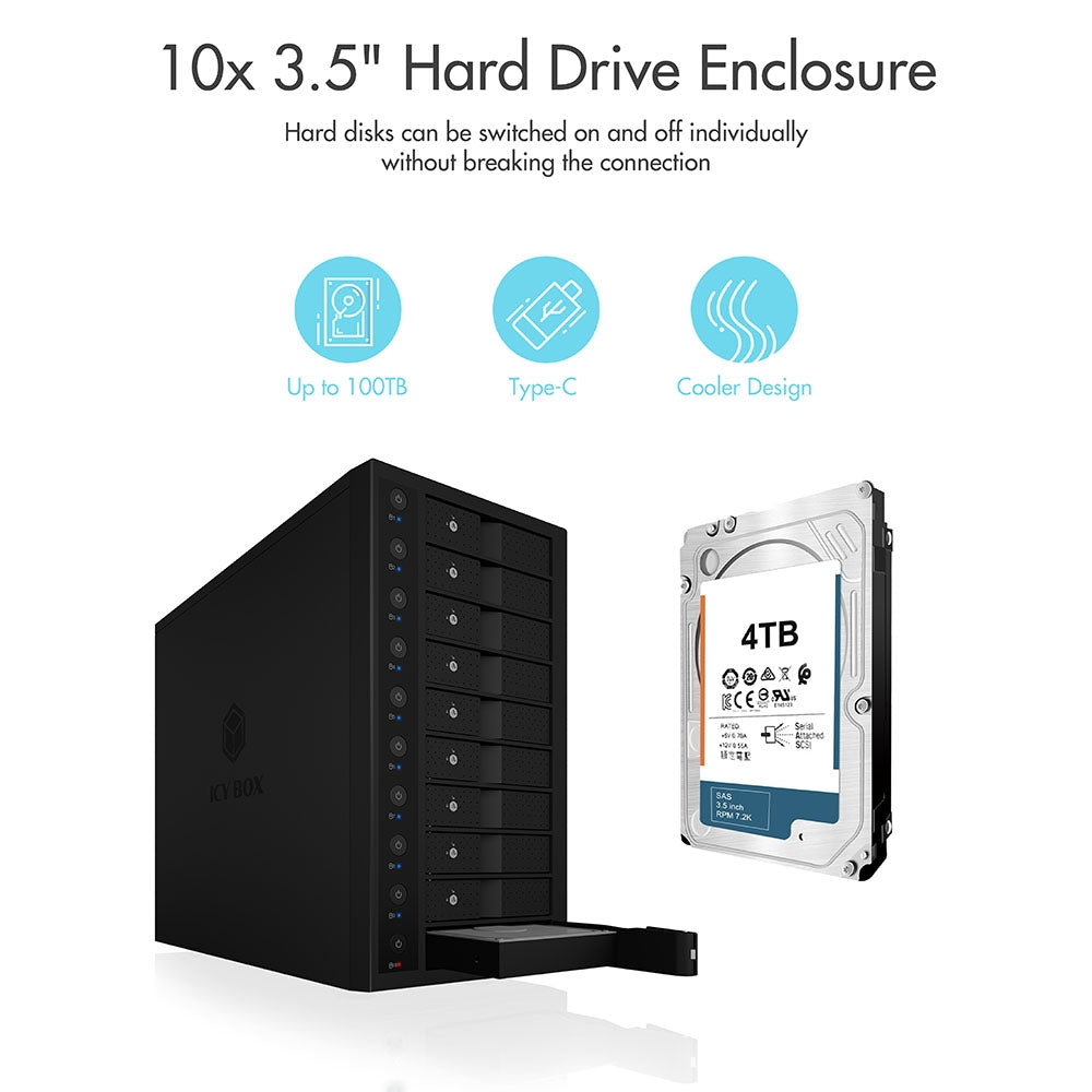 ICY BOX IB-3810-C31 Enclosure for 10x HDD | USB 3.1 (Gen 2) Type-C or Type-A Interface