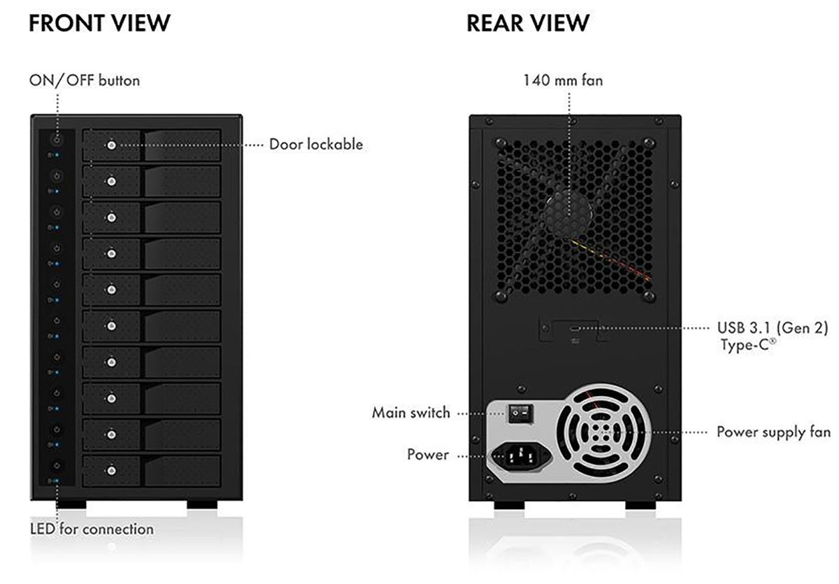 ICY BOX IB-3810-C31 Enclosure for 10x HDD | USB 3.1 (Gen 2) Type-C or Type-A Interface