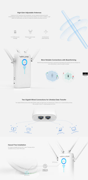 WAVLINK AC1200 Dual Gigabit Ethernet Ports Wi-Fi Range Extender | WL-WN579G3