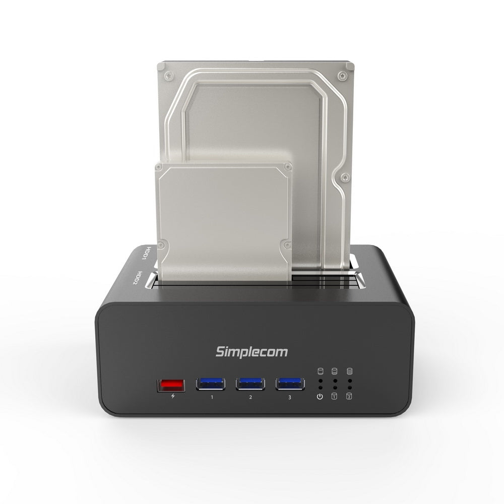 Simplecom SD352 USB 3.0 to Dual SATA Aluminium Docking Station | 3-Port Hub | 1 Port 2.1A USB Charger