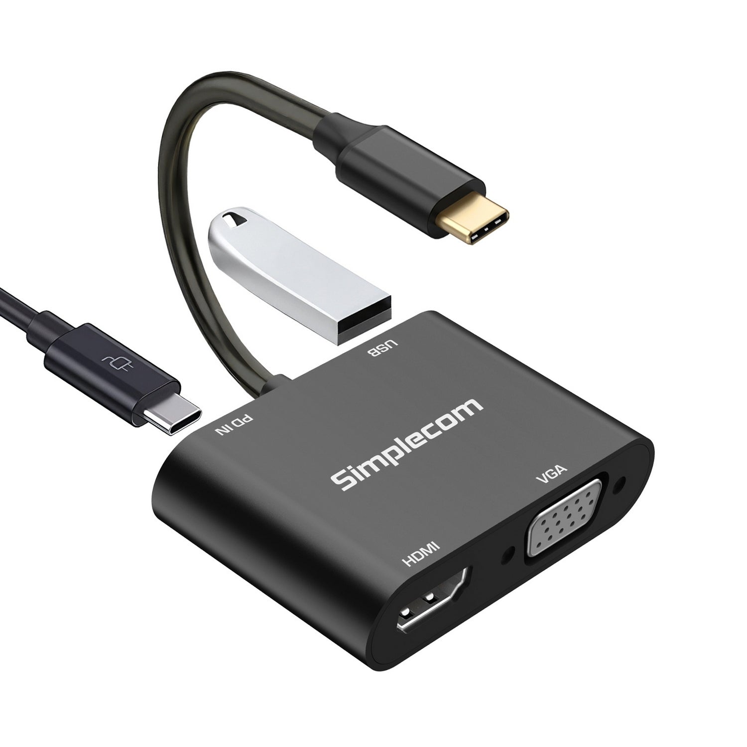 Simplecom DA440 4-in-1 USB-C Multiport Adapter | Power Delivery | USB 3.0 | VGA | HDMI