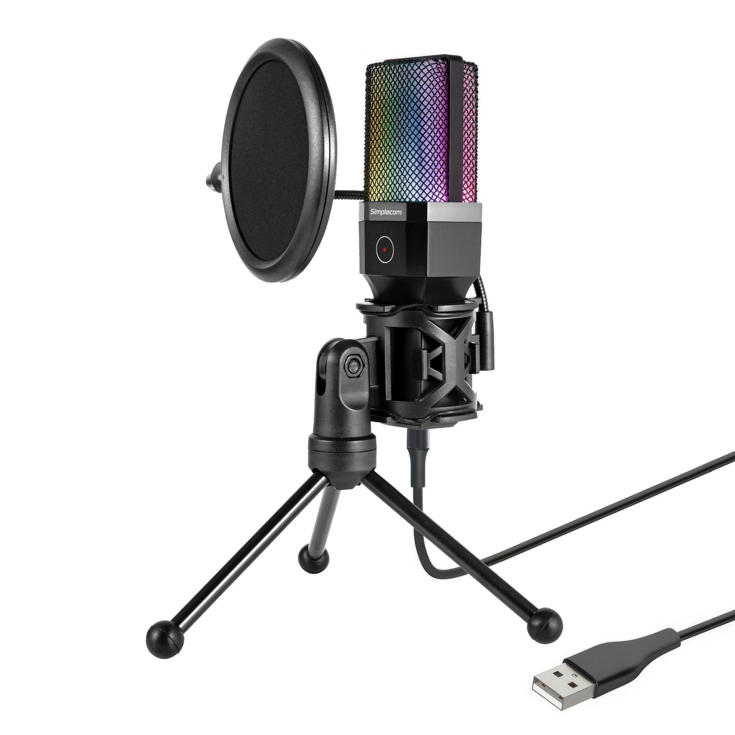 Simplecom UM650 USB Cardioid Condenser Microphone | Gaming Mic with RGB Lights, Tripod & Pop Filter