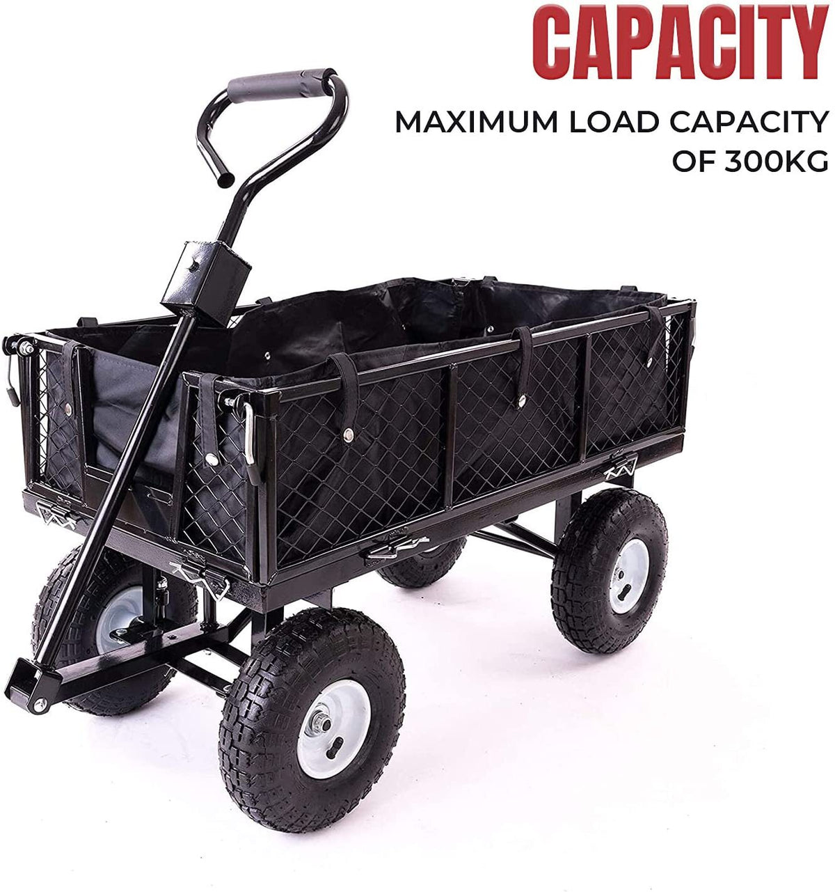 Garden Dump Cart | Rolling Mesh | Steel Frame | 10" Pneumatic Tyres | 300kg Capacity | Black
