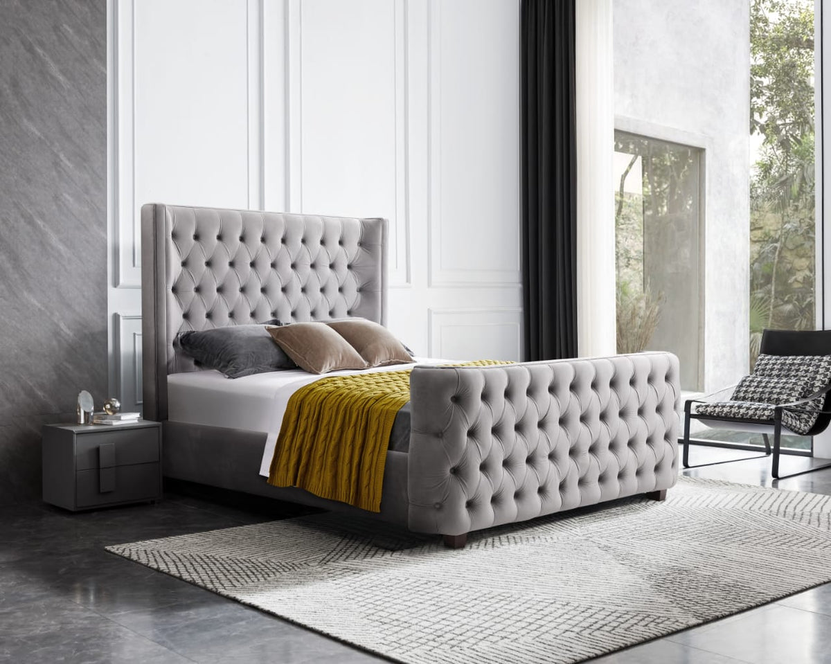 Milan Grey Velvet Tufted Headboard and End Board Bed Frame | Queen Size