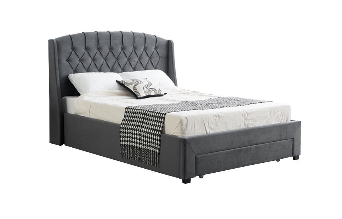 Paris Tall Tufted Velvet Dark Grey Bed with Storage Drawer | King Size