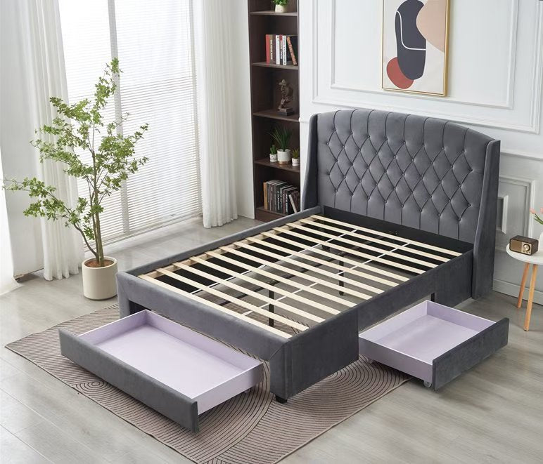 Paris Tall Tufted Velvet Dark Grey Bed with Storage Drawer | King Size