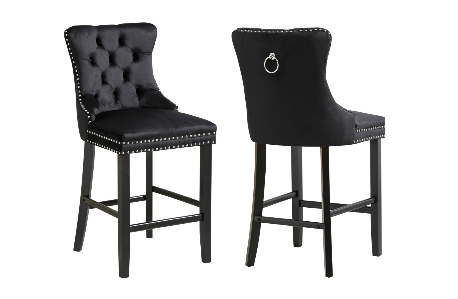 French Provincial Black Bar Stools with Footrest | Set of 2