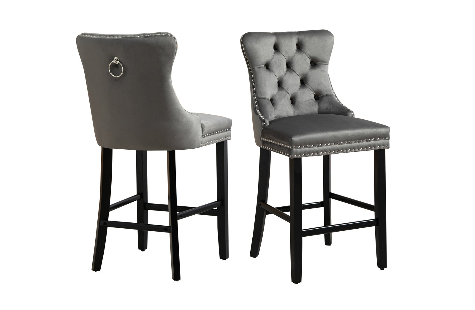 French Provincial Dark Grey Bar Stools with Footrest | Set of 2