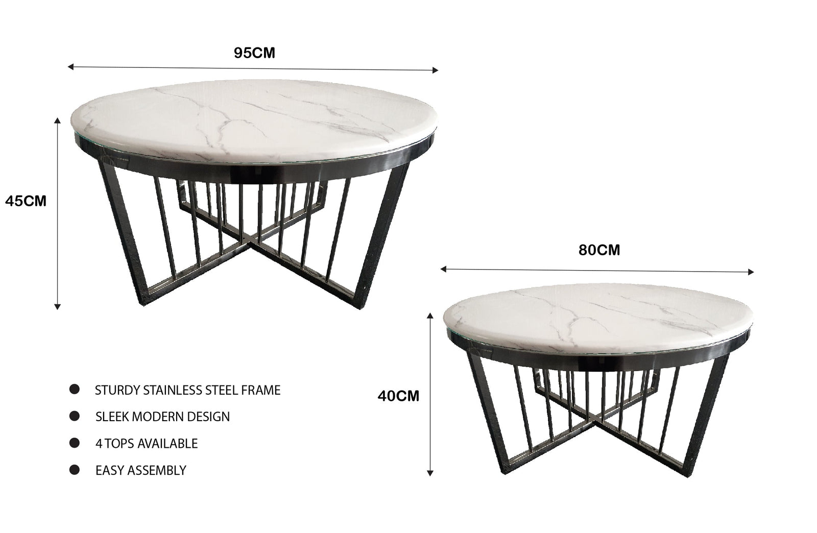 Salina Coffee Table 80cm | Black Base | White Marble | Sleek Style