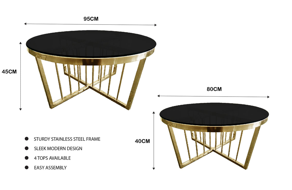 Salina Coffee Table 80cm | Gold Base | Black Glass | Elegant Style