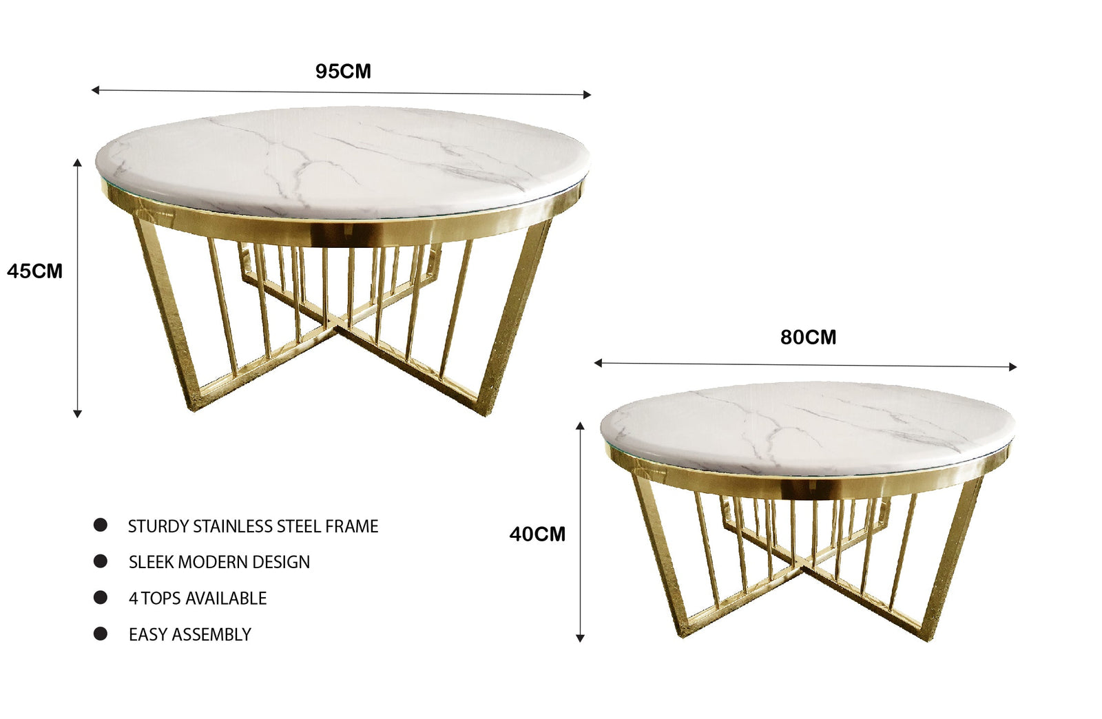 Salina Coffee Table 80cm | Gold Base | White Marble | Elegant Design