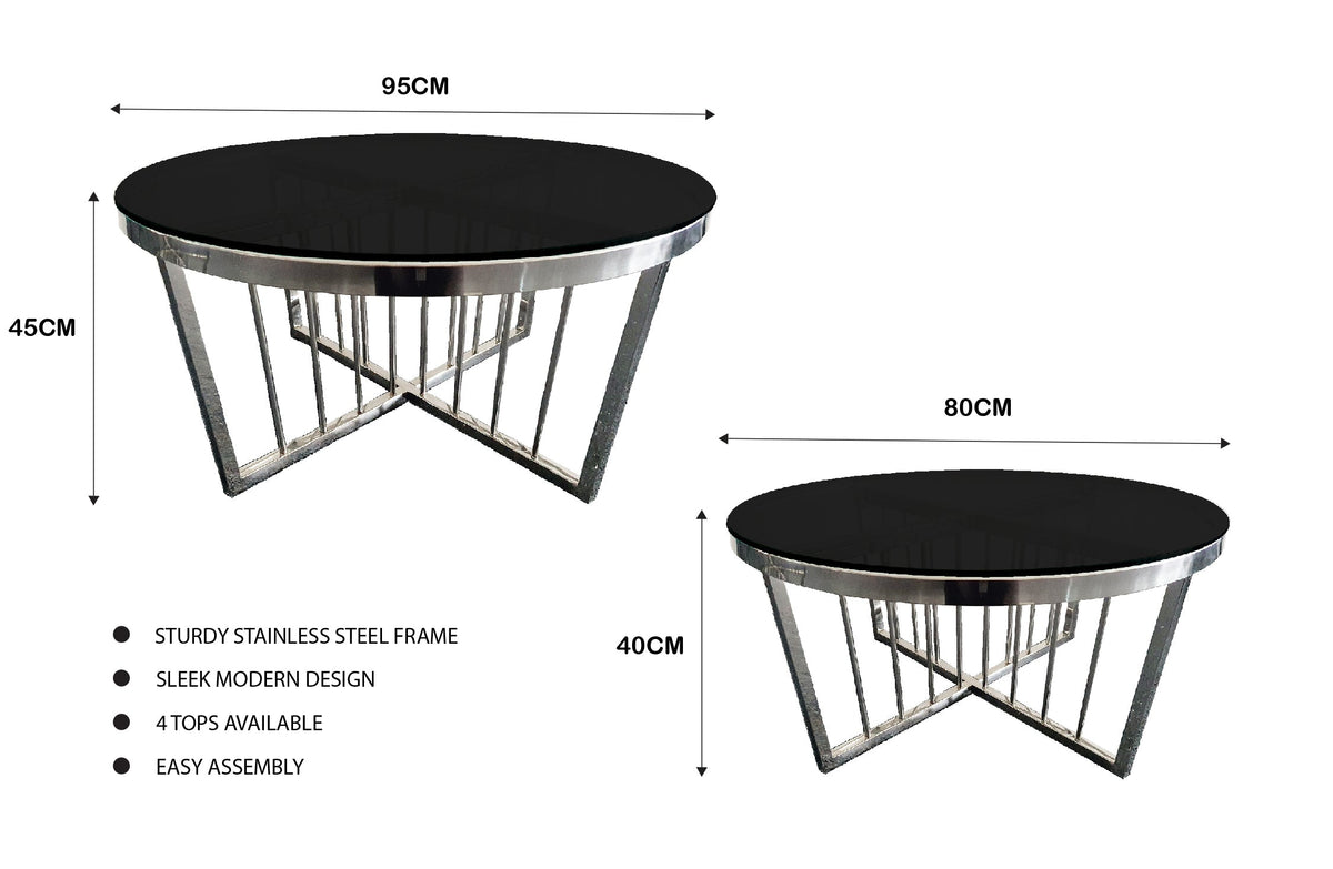 Salina Coffee Table 80cm | Silver Base | Black Glass | Contemporary Style