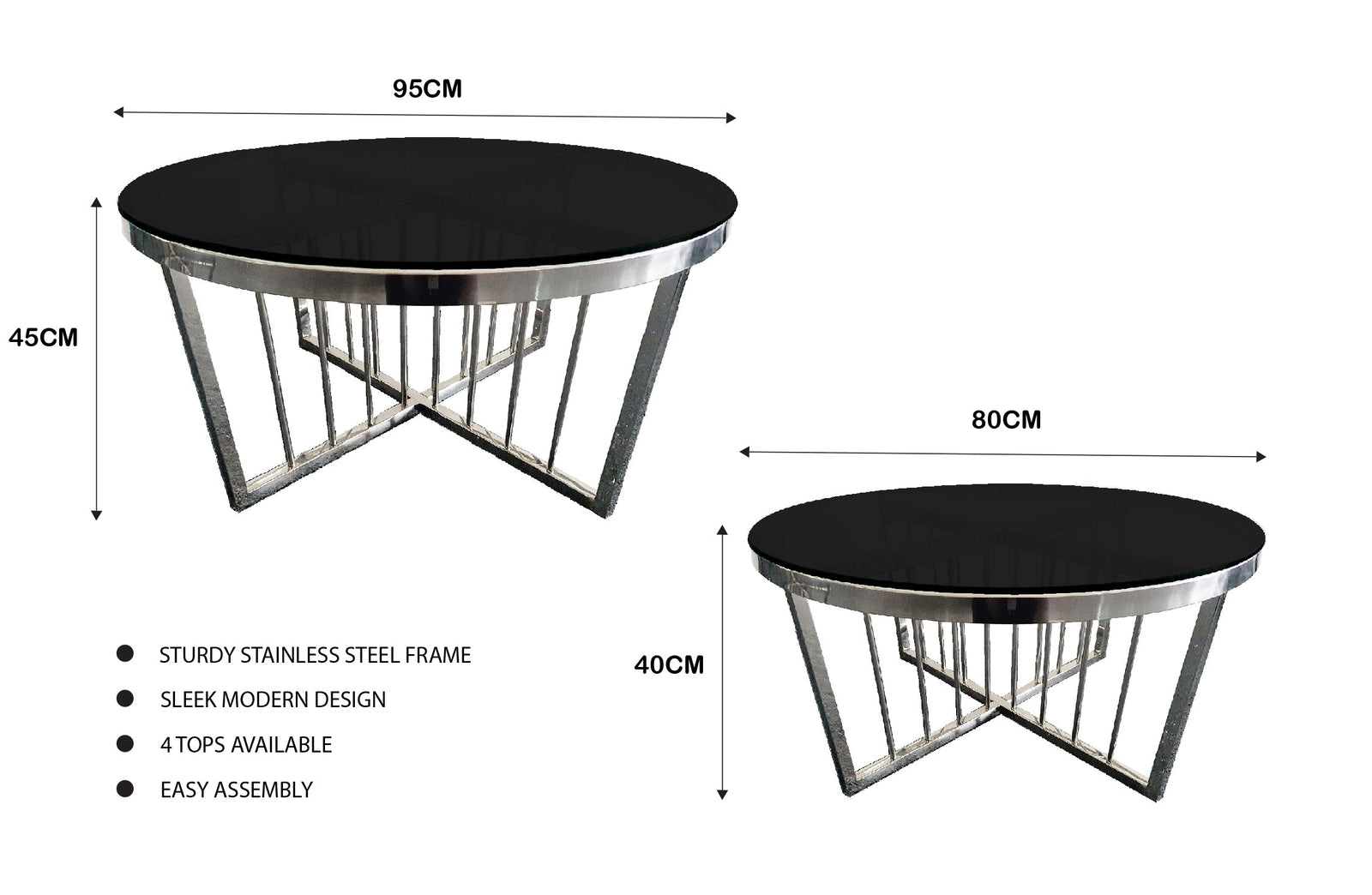 Salina Coffee Table 80cm | Silver Base | Black Glass | Contemporary Style