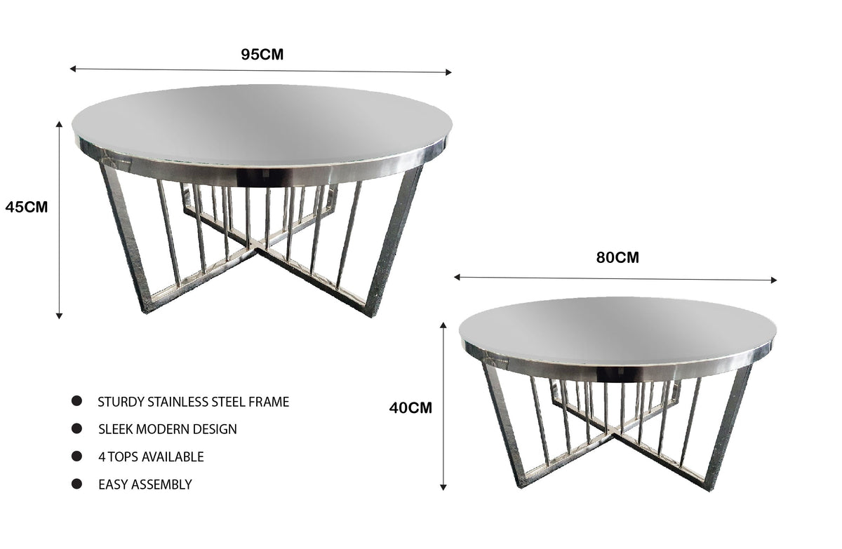 Salina Coffee Table 80cm | Silver Base | Mirror Glass | Stylish Design