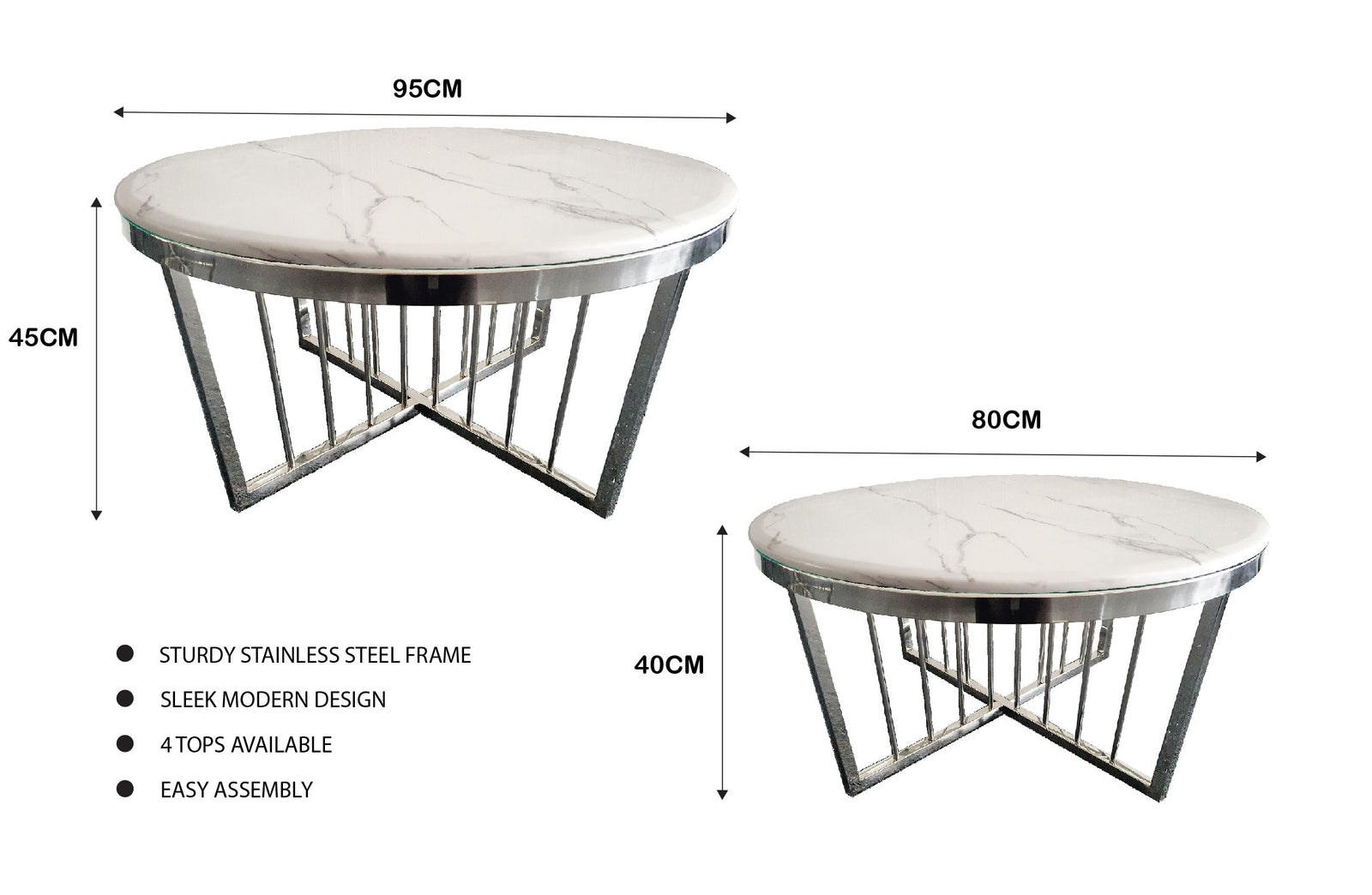 Salina Coffee Table 80cm | Silver Base | White Marble | Stylish & Modern