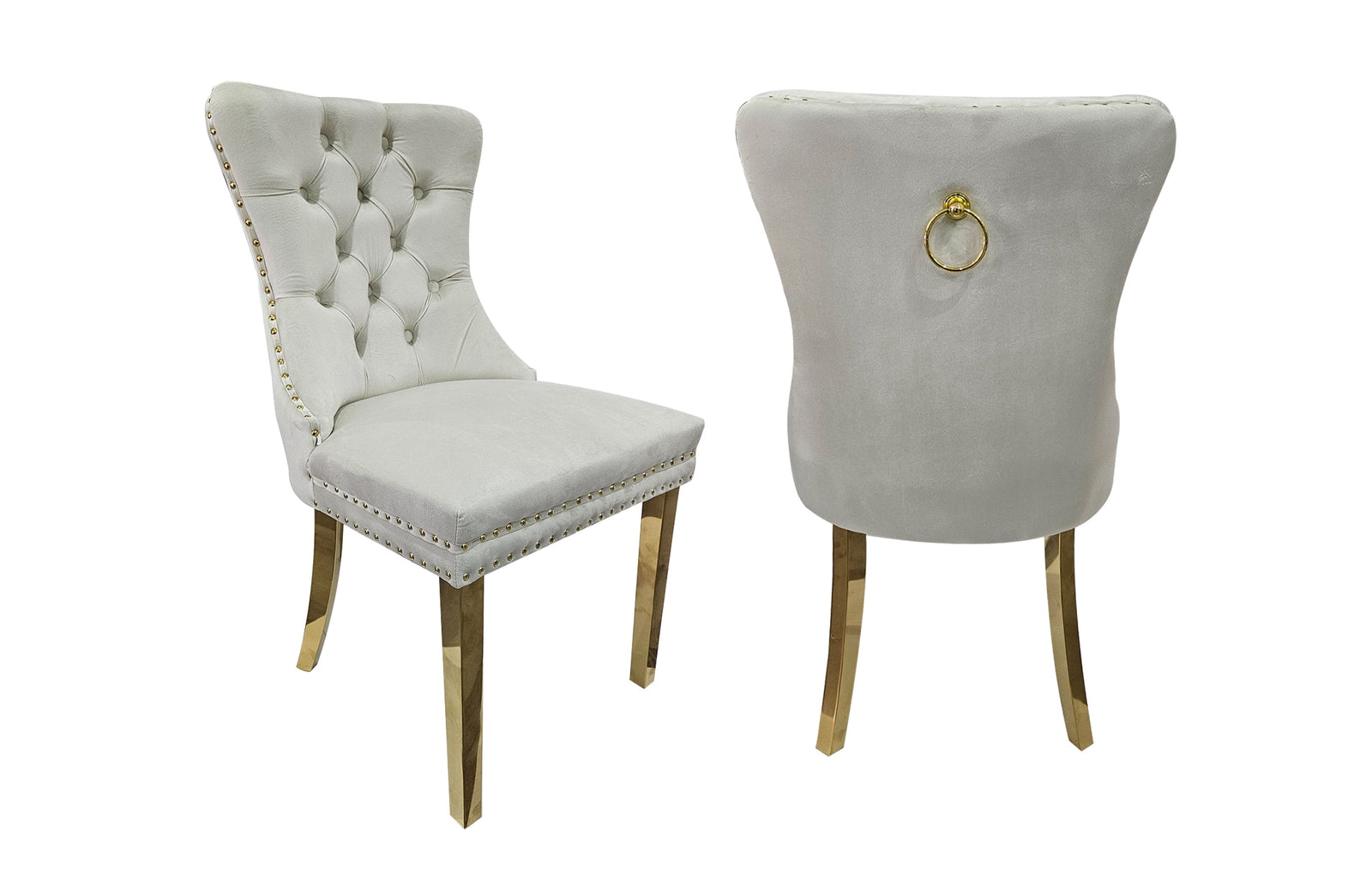 Set of 2 | Alsea Dining Chairs | Beige Velvet | Gold Polished Steel | Upholstered Tufted Stud Trim & Ring