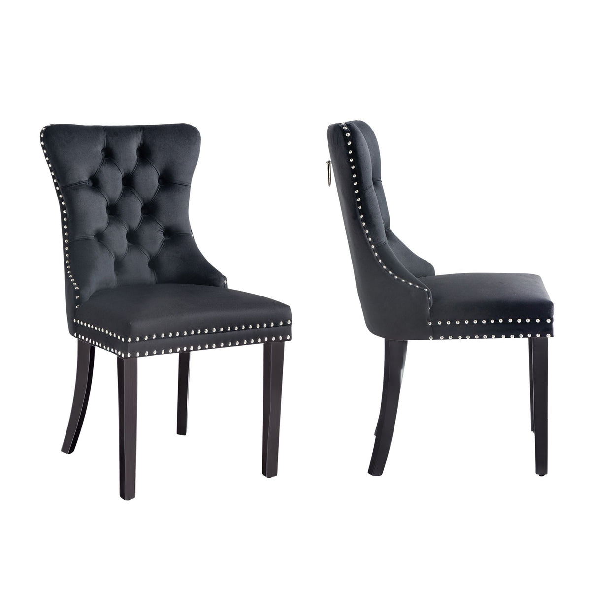 Set of 2 | Alsea Black Velvet & Black Rubberwood Dining Chairs | Upholstered | Tufted | Stud Trim and Ring