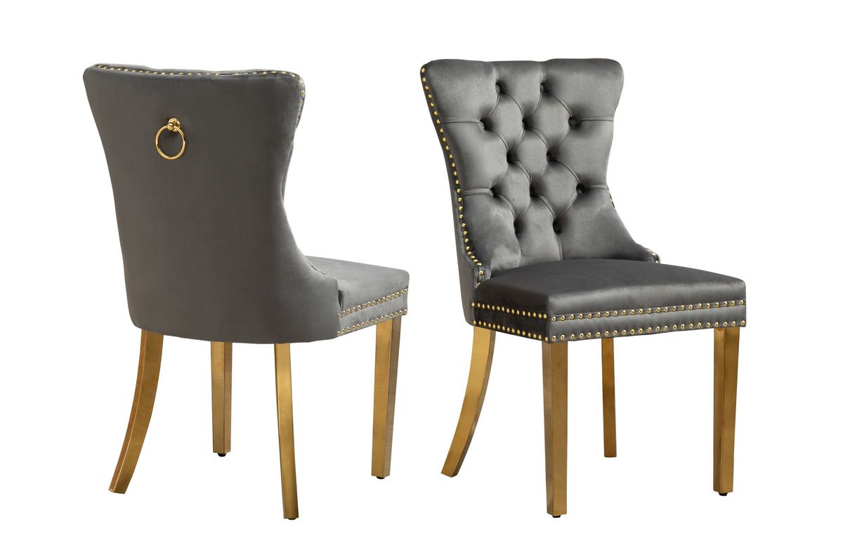 Set of 2 | Alsea Dining Chairs | Dark Grey Velvet | Gold Polished Steel | Upholstered Tufted Stud Trim & Ring