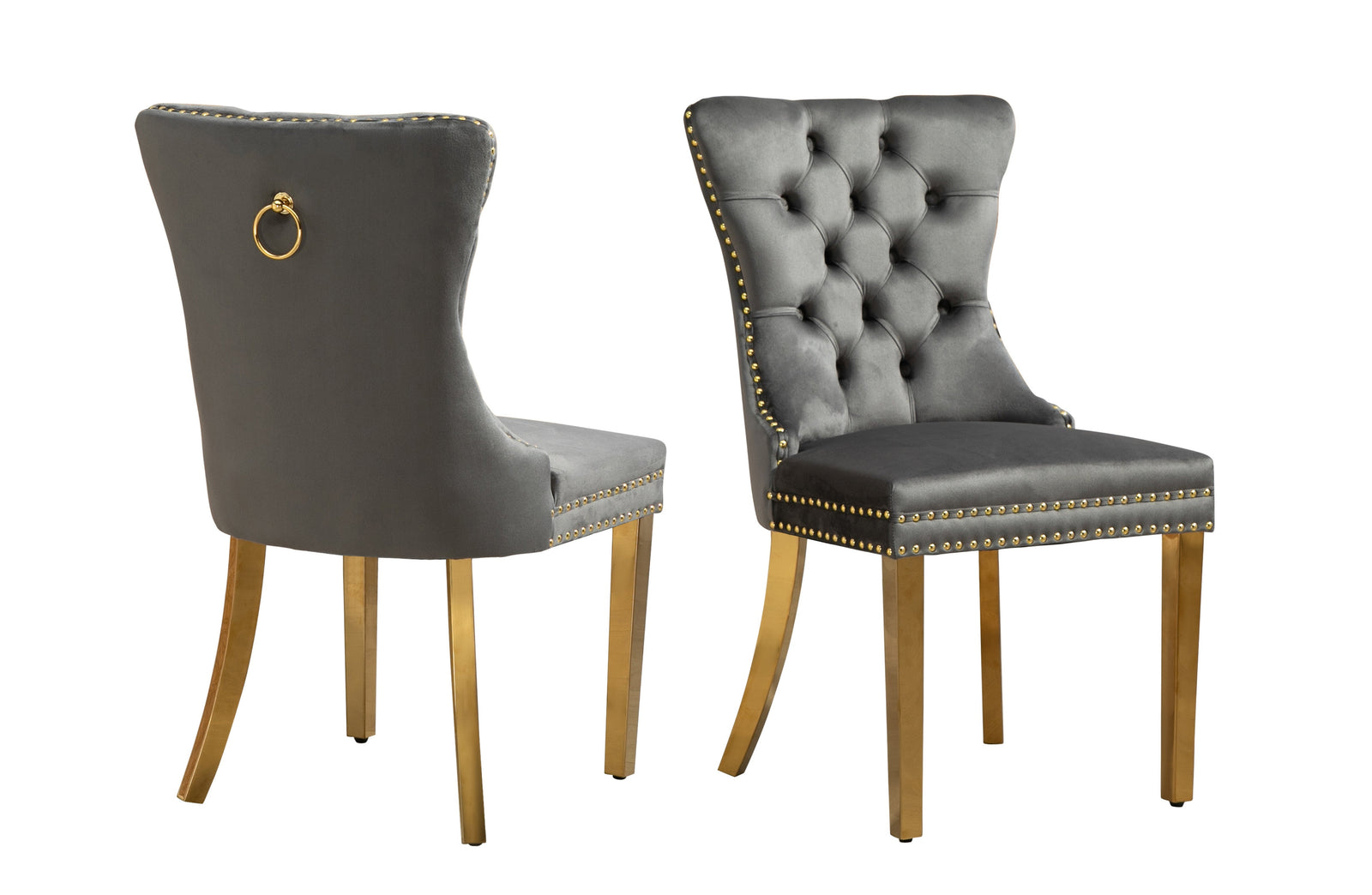 Set of 2 | Alsea Dining Chairs | Dark Grey Velvet | Gold Polished Steel | Upholstered Tufted Stud Trim & Ring
