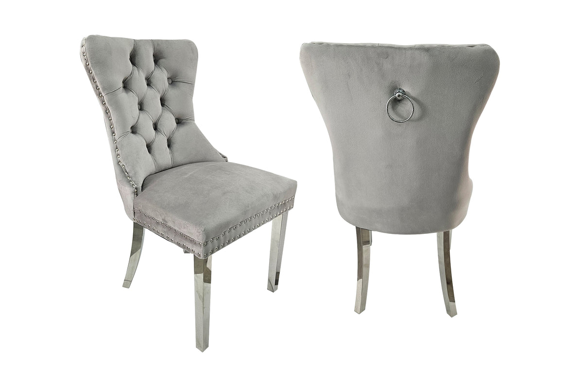Set of 2 | Alsea Dining Chairs | Light Grey Velvet | Silver Polished Steel | Upholstered Tufted Stud Trim & Ring