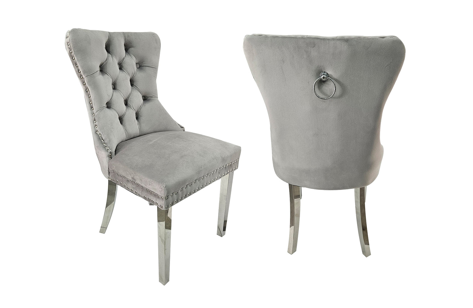 Set of 2 | Alsea Dining Chairs | Light Grey Velvet | Silver Polished Steel | Upholstered Tufted Stud Trim & Ring
