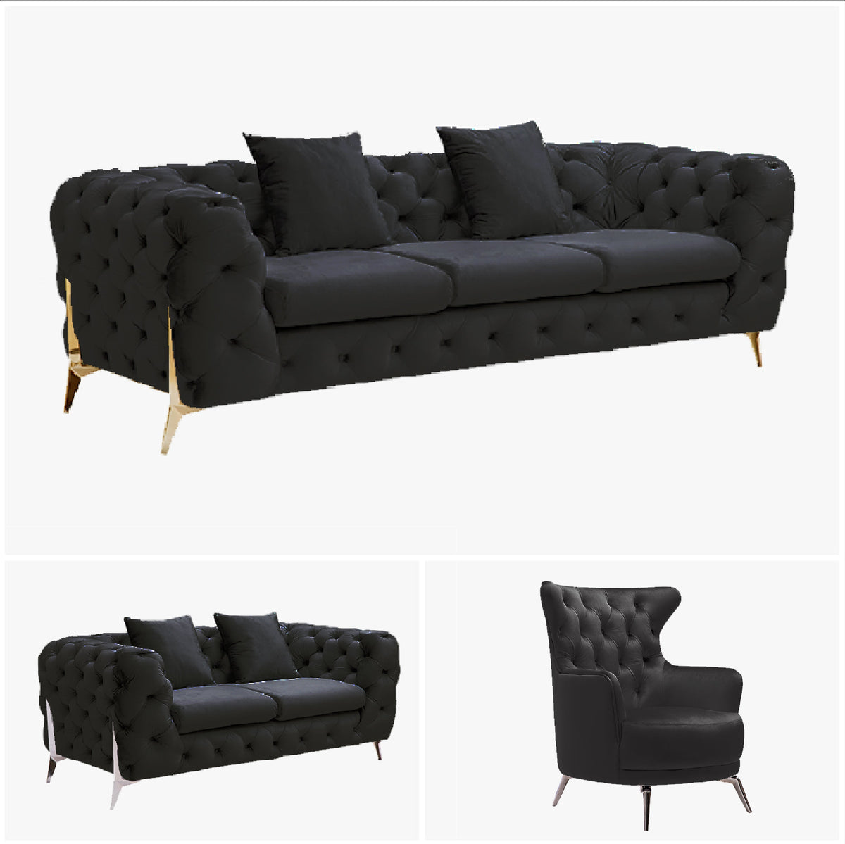 Grand Tufted Lounge | Black Velvet | Silver Legs