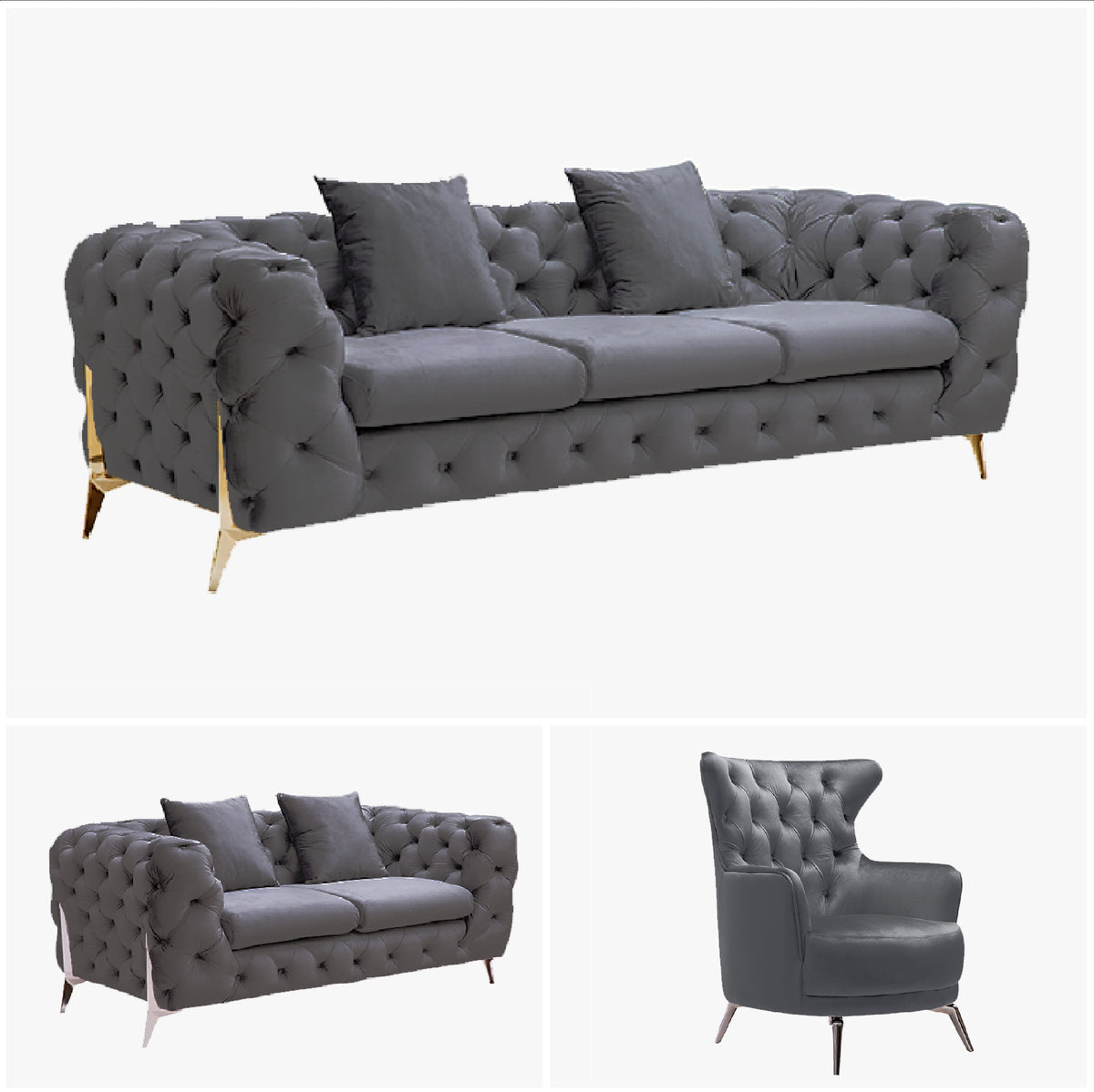 Grand Tufted Lounge | Dark Grey Velvet | Gold Legs
