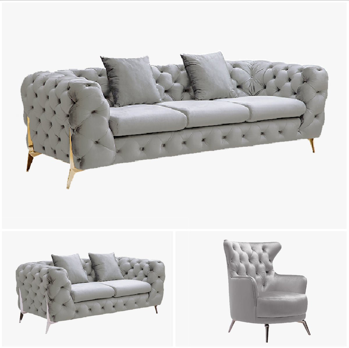 Grand Tufted Lounge | Light Grey Velvet | Gold Legs