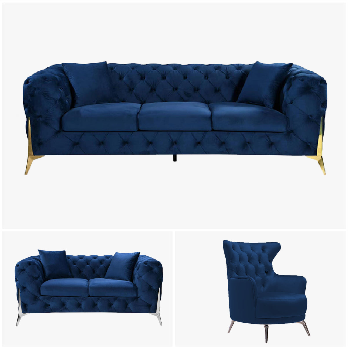 Grand Tufted Lounge | Blue Velvet | Silver Legs
