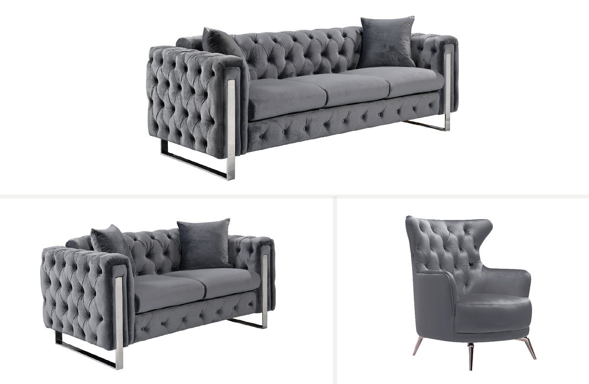 Madeline Range | Dark Grey Velvet 3+2+1 | Silver Trims