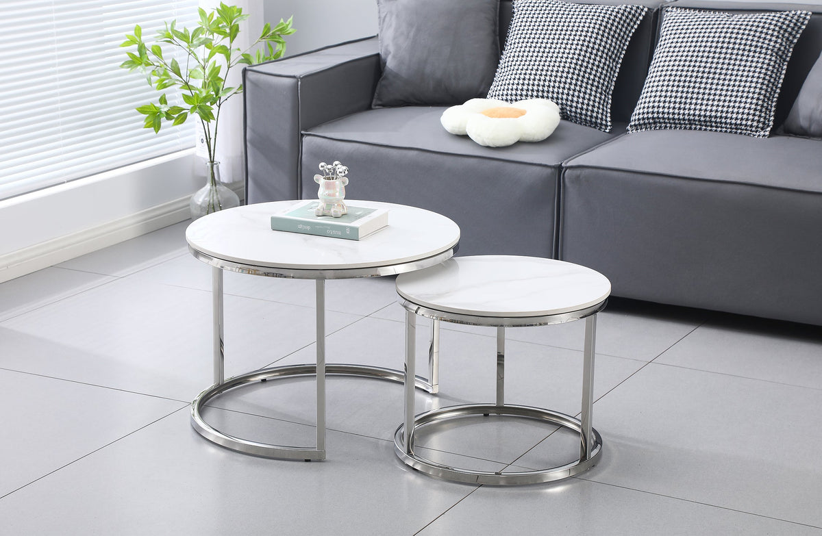 Nesting Style Coffee Table | White on Silver | 60cm/45cm | Elegant Design