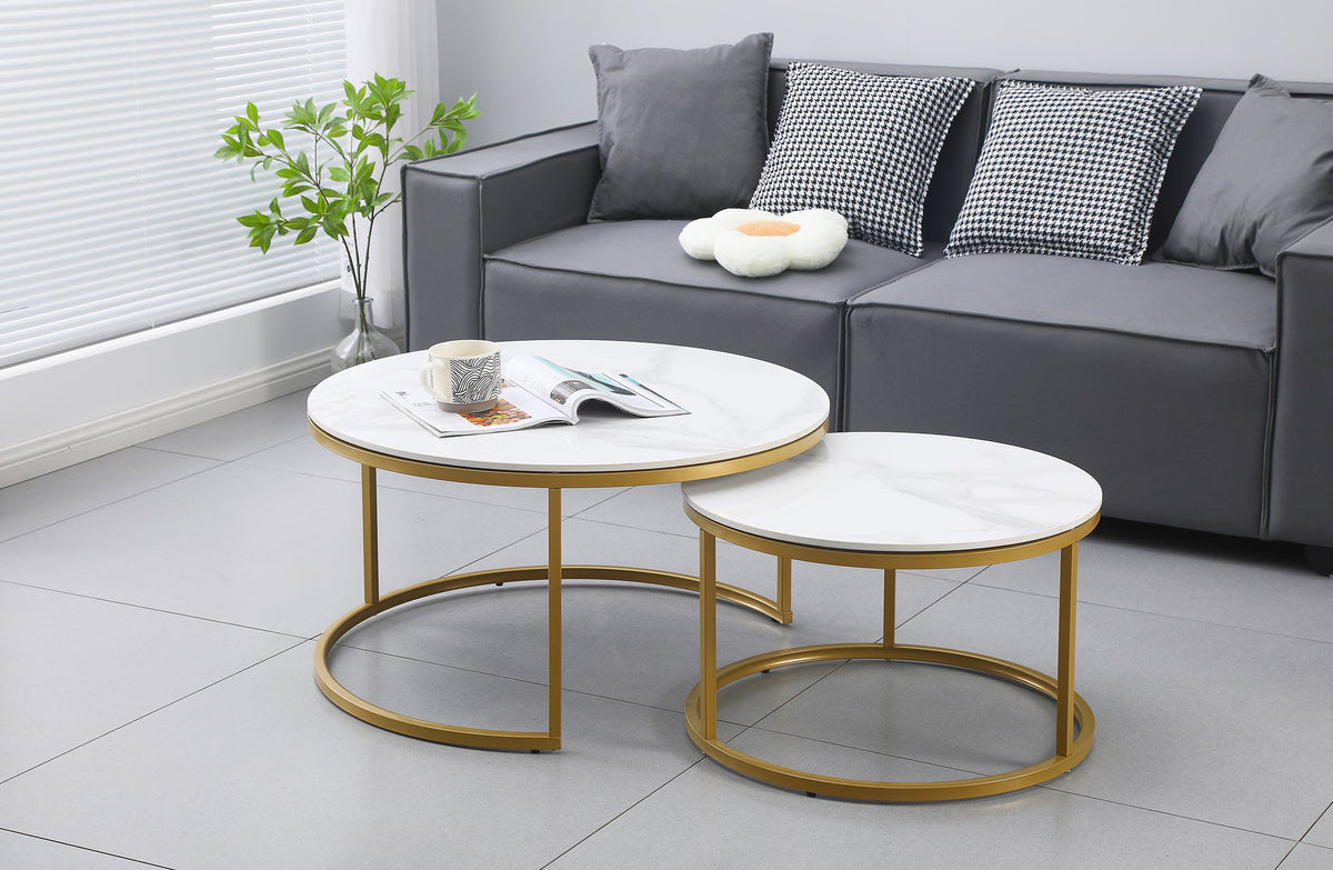 Nesting Style Coffee Table | White on Champagne Gold | 80cm/60cm | Contemporary Design