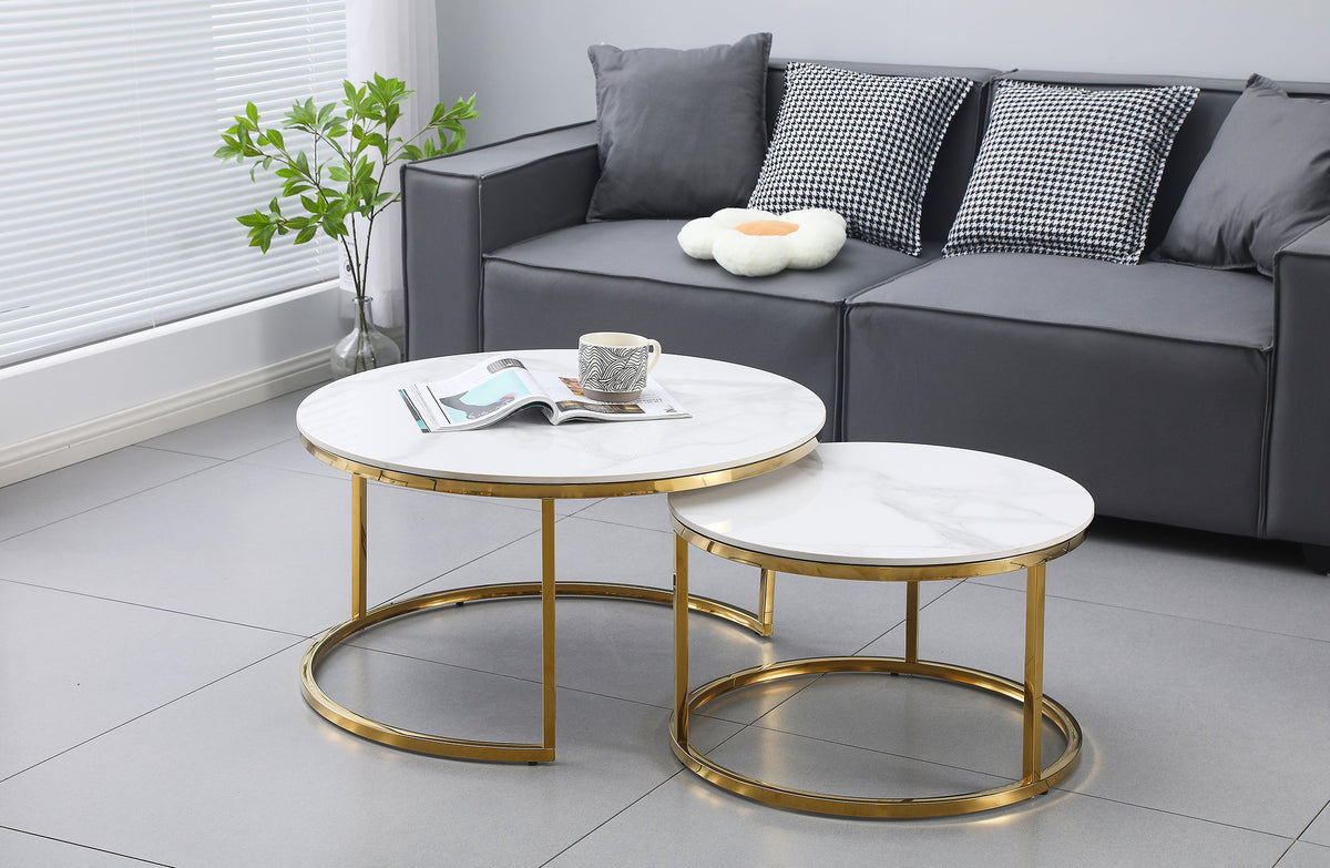 Nesting Style Coffee Table | White on Gold Stainless Steel | 80cm/60cm | Luxurious Design