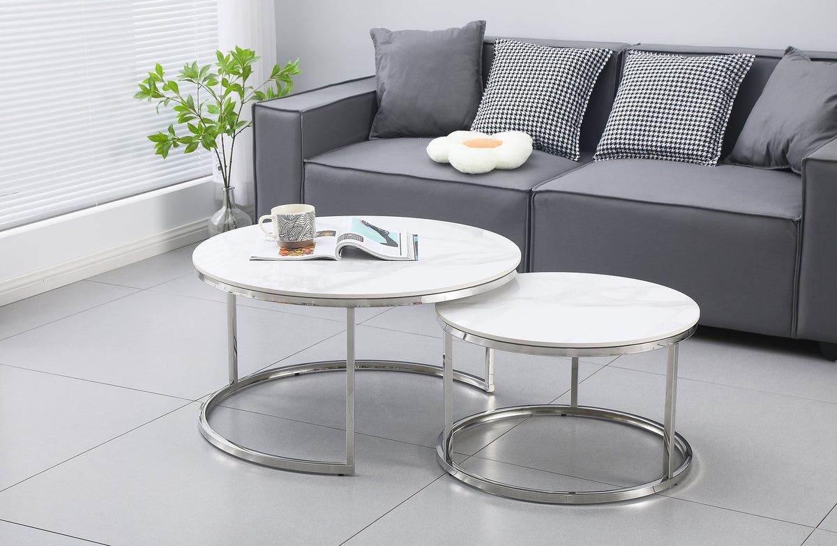 Nesting Style Coffee Table | White on Silver Stainless Steel | 80cm/60cm | Modern Design