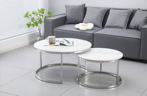 Nesting Style Coffee Table | White on Silver Stainless Steel | 80cm/60cm | Modern Design