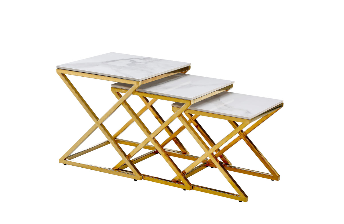Bella Set of 3 Gold Side Tables | White Marble