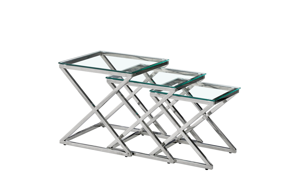 Bella Set of 3 Silver Side Tables | Clear Glass