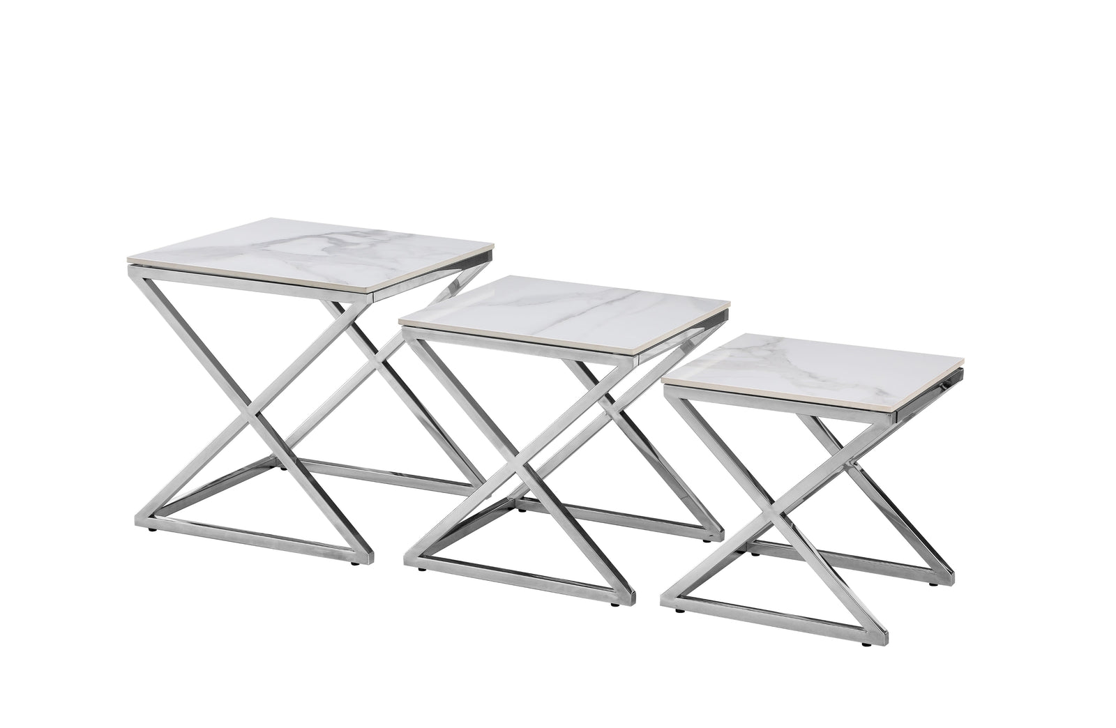 Bella Set of 3 Silver Side Tables | White Marble