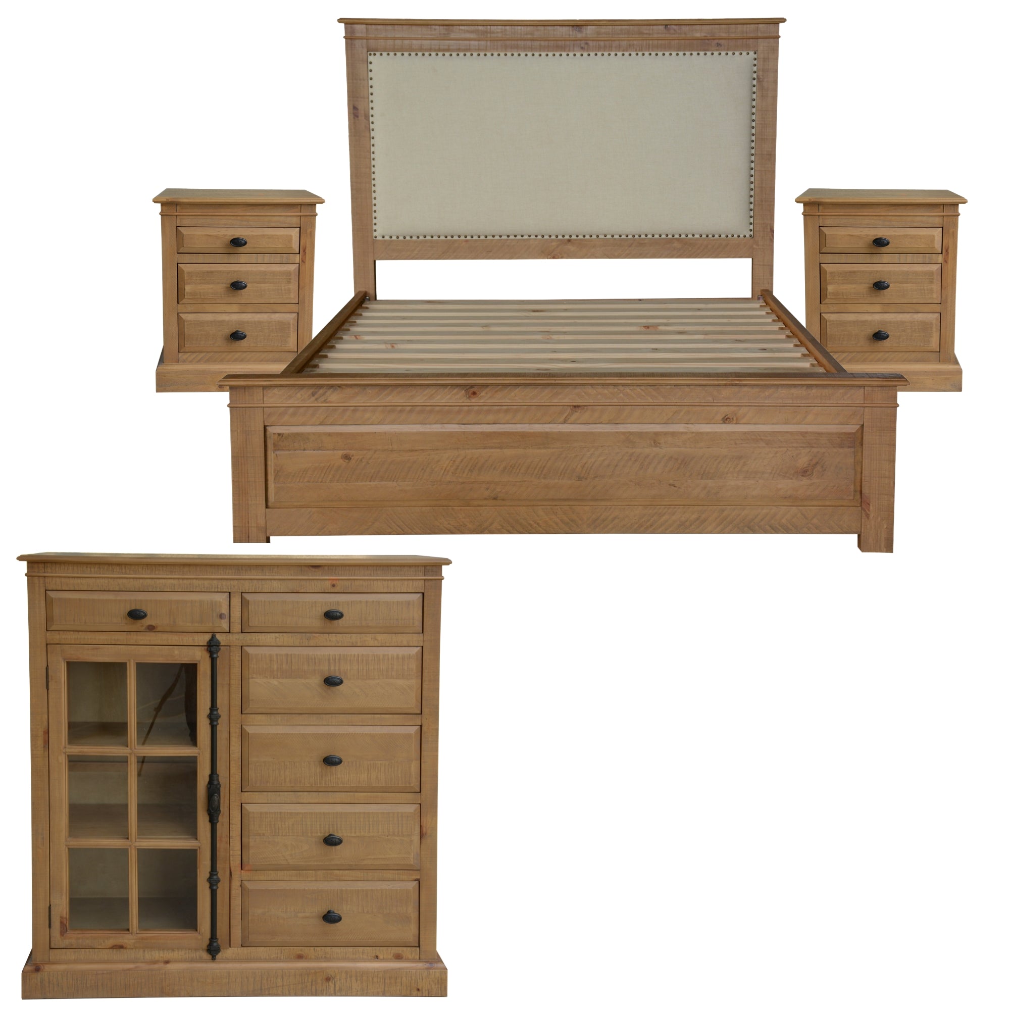 Jade 4pc Queen Bed Suite | Bedside | Tallboy Bedroom Package | Natural
