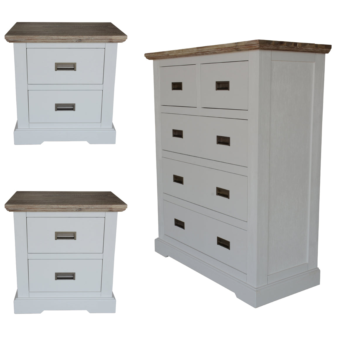 Fiona Set of 2 Bedside Tables | Tallboy Bedroom Furniture Package | White Grey