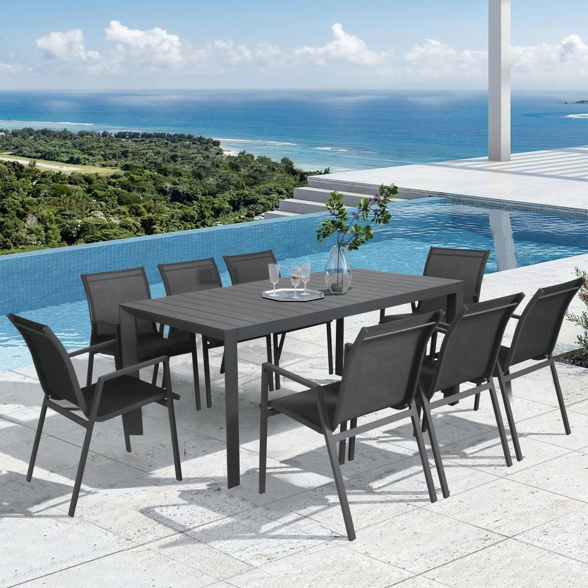 Iberia 7pc Outdoor Dining Set | 178cm Aluminium Table | Chairs | Charcoal