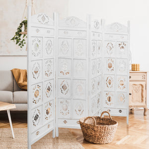 Iron Jali | 4 Panel Room Divider Screen | Privacy Shoji Timber Wood Stand | White