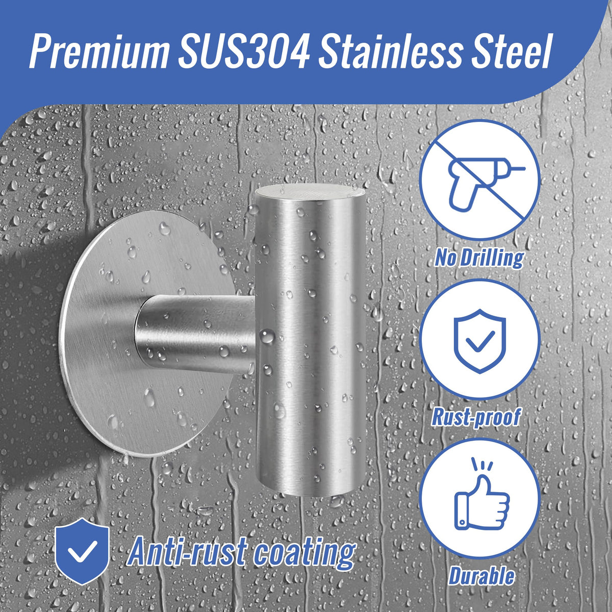 Wall Mount Self-Adhesive Bathroom Towel Hooks | 2 Pcs | Brushed Nickel Finish | Cloth & Door Hanger