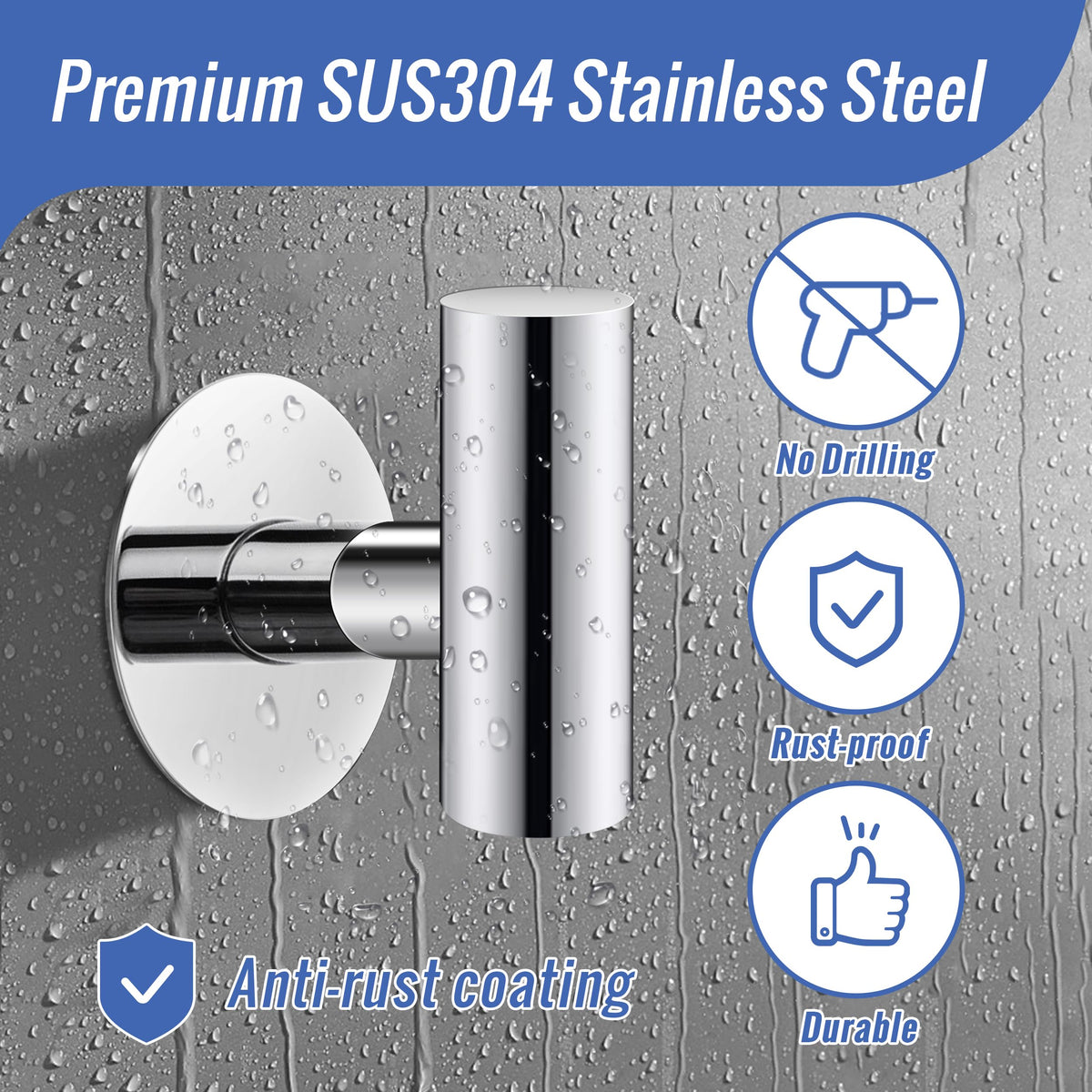 Wall Mount Self-Adhesive Bathroom Towel Hooks | 2 Pcs | Polished Chrome | Cloth Hanger & Door Hook