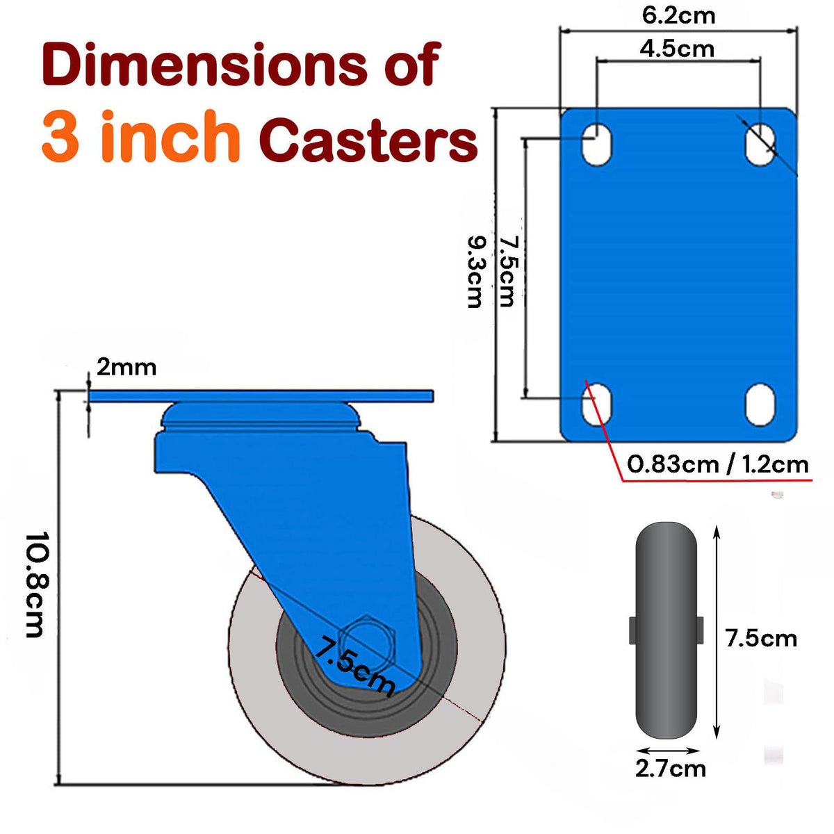 Heavy Duty Swivel Caster Wheels | 3" with Brake | Locking Cart Furniture Workbench