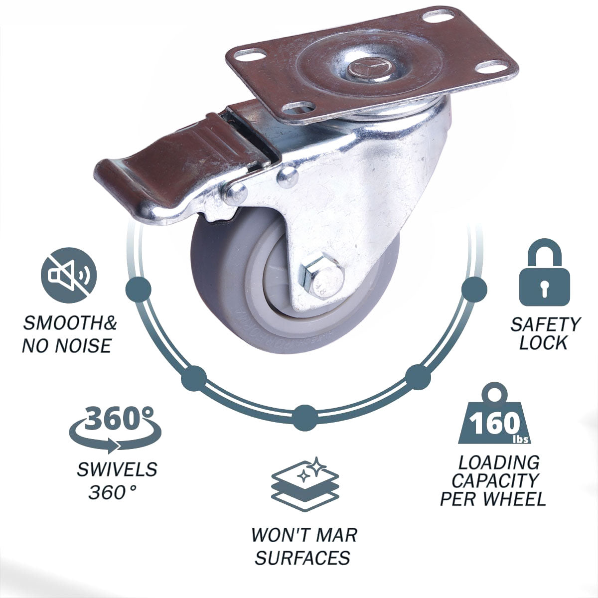 Heavy Duty Swivel Caster Wheels | 3" with Brake | Locking Cart Furniture Workbench