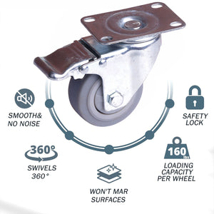 Heavy Duty Swivel Caster Wheels | 3" with Brake | Locking Cart Furniture Workbench
