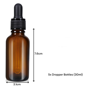 Amber Glass Dropper Bottles | 30ml (5 Pack) | Leakproof Essential Oil Tincture Bottles