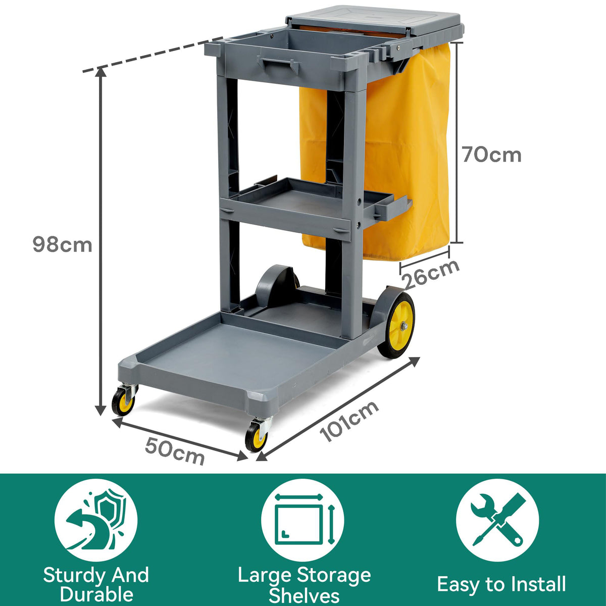 Commercial Hotel Restaurant Cleaning Cart | 3-Shelf | Commercial Janitorial Cart | Housekeeping Cart