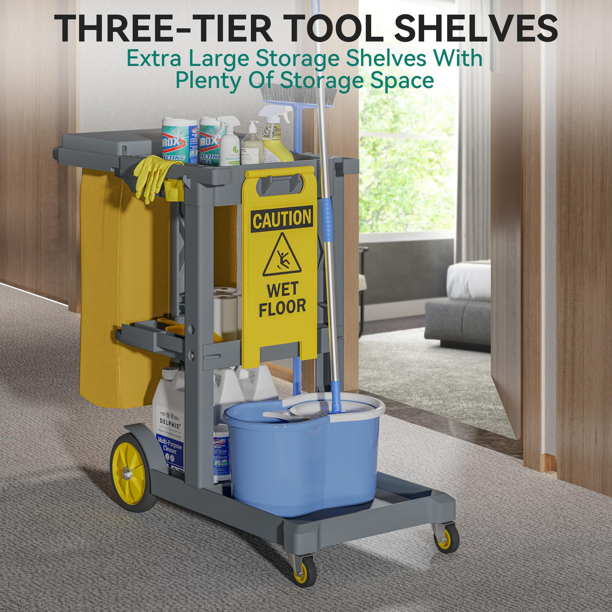 Commercial Hotel Restaurant Cleaning Cart | 3-Shelf | Commercial Janitorial Cart | Housekeeping Cart